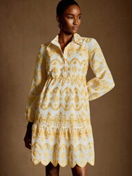 Franclia Vestido Camisa com Manga Lanterna Bordada para Mulheres, Vestido de Outono em Amarelo Creme, Roupa Universitária de Outono para Mulheres