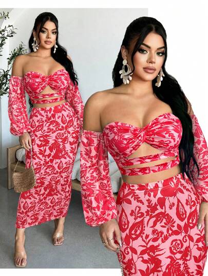 SHEIN SXY 女式花卉印花露肩扭花灯笼袖镂空性感衬衫，度假风格