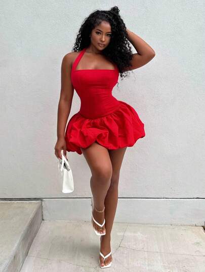 Alexandranx Vestido corto de mini falda de burbujas con cuello halter y espalda descubierta de color liso y sexy para mujer, ropa de Año Nuevo