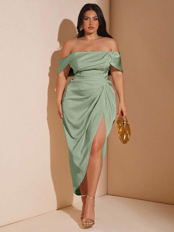 SHEIN BAE Plus Size Women Elegant Draping Mid-Length Dress, Suitable For Weddings, Bridesmaid, Cocktail And Formal Occasions,Wedding Guest Dress/ Plus Size Sage Green Dress/ Plus Size Off The Shoulder Dress/ Curve Off Shoulder Dress/ Plus Size Birthday Dress/ Plus Size Wedding Guest Dress