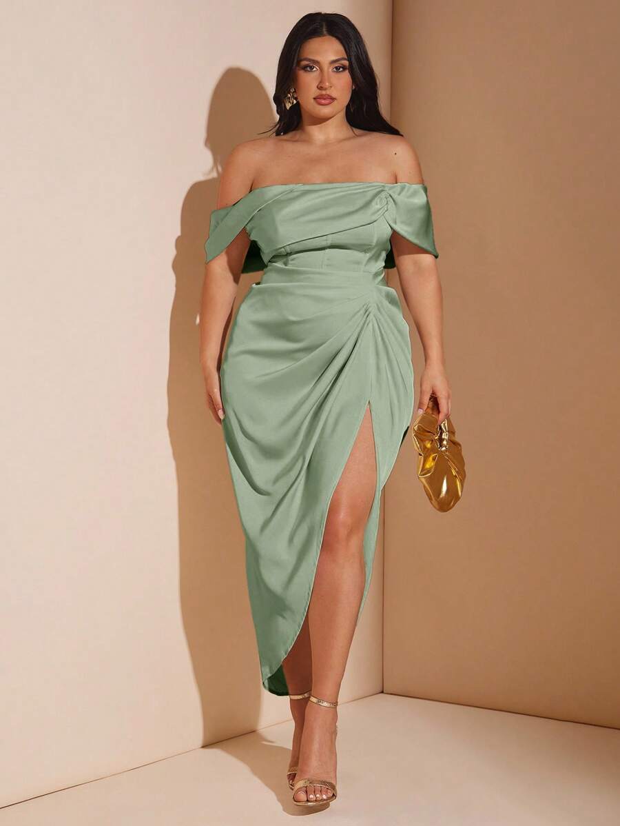 SHEIN BAE Plus Size Women Elegant Draping Mid-Length Dress, Suitable For Weddings, Bridesmaid, Cocktail And Formal Occasions - Mint Green - View 1