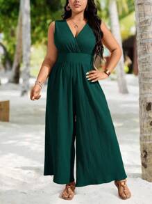 SHEIN Clasi 加大码 V 领纹理无袖束腰阔腿连体裤，适合度假和外出休闲