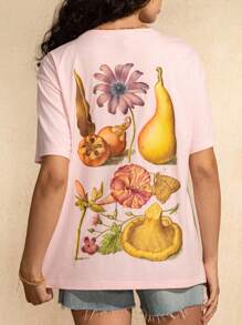 SHEIN Touch of Art قميص قصير الأكمام كاجوال كبير الحجم , وردي , مطبوع بتصميم فواكه وأزهار ولوحة الفنان "جوريس هوفناغل", بطباعة أحرف إنجليزية , أناقة عطلة رومانسية من الطراز الرجعي للنساء - وردي - مشاهدة 1