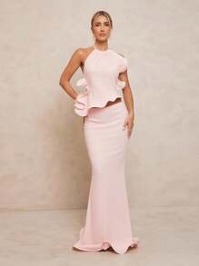 Lumalex 可调节领口波浪不对称美人鱼加大码两件套 - 粉色 - 查看 2