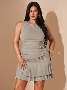 SHEIN BAE Plus Size Women's Summer & Autumn/Winter Solid Black Sleeveless Ruched Tight Fitting Mini Double-Layered Ruched Dress, Sweet And College Style - Grey - View 6