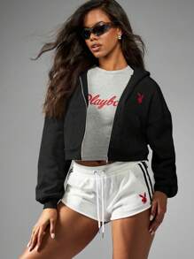 Missguided x Playboy 短款拉链连帽衫优质羊毛家居服秋冬装运动衫跑步休闲 - 黑色 - 查看 5