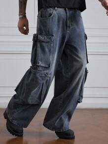 ROMWE MEN Grunge Punk Pantalones vaqueros de carga de talla grande para hombre en estilo casual lavado y suelto