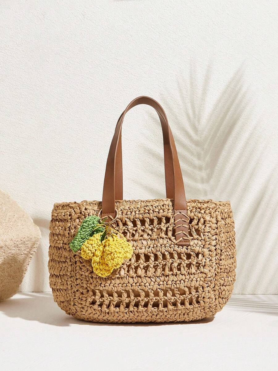 SHECARRY Fashion Casual Vacation Beach Woven Women Top Handle Bags - Khaki - View 1