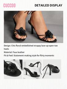 CUCCOO SZL Women's Pink PU Flower Embellished Round Toe High Heel Lace-Up Sandals Spring Shoes Spring Break Easter Prom Heels For Christmas - Black - View 4