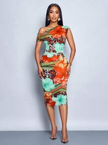 SOLERSUN Vestido largo elegante de ajuste ceñido con estampado digital de leopardo de colores, con un hombro, sexy y elegante para salir, fiestas y diario
