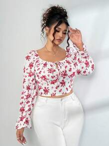 Elenzga Elegantes Ditsy Blumen Figurbetontes Crop Top mit Puffärmeln - Rot - Übersicht 3
