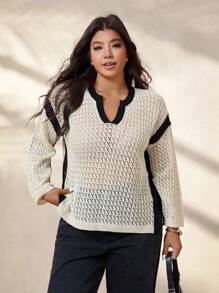 Calvaya Plus Size Contrast Color Trim Sheer Casual Pullover Sweater Knit Pullover Fall Winter