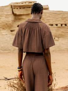 Lumivelle Women's Summer Casual Plain Color Drop Shoulder Loose Short Cropped Shirt