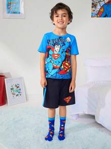 SUPERMAN X SHEIN 3 双棉质条纹卡通男童中筒袜，加固脚趾和脚跟，经久耐用，适合上学和日常穿着，蓝色