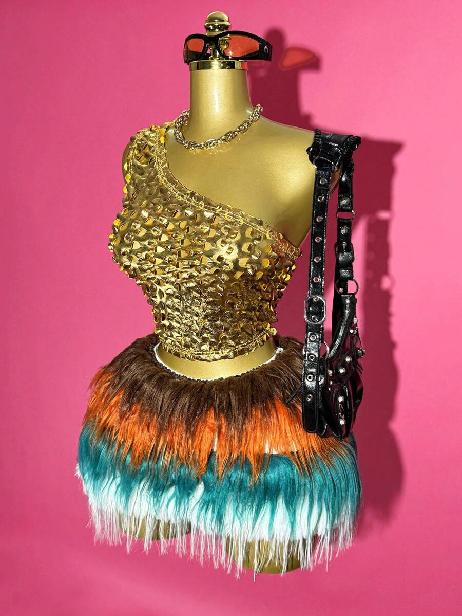 Slaydiva Arrivo nuovo 2025 Primavera/Estate, top canotta asimmetrico corto e attillato in tessuto elasticizzato e metallizzato forato a rete e asimmetrico sulle spalle, abbinato a gonna mini a righe multicolor in pelliccia ecologica, stile boho chic, festival musicale, paese occidentale, spiaggia, casual, avant-garde, party, dolce, sexy, Y2K - Dorato - Visualizzare 1