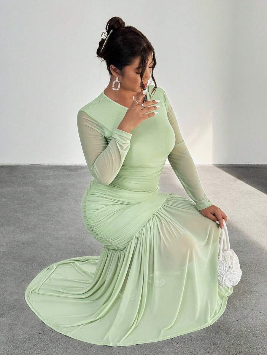 Firerie 女士网眼长袖圆领连衣裙，适合秋季服装、返校服装、教师服装 - 綠色 - 查看 1