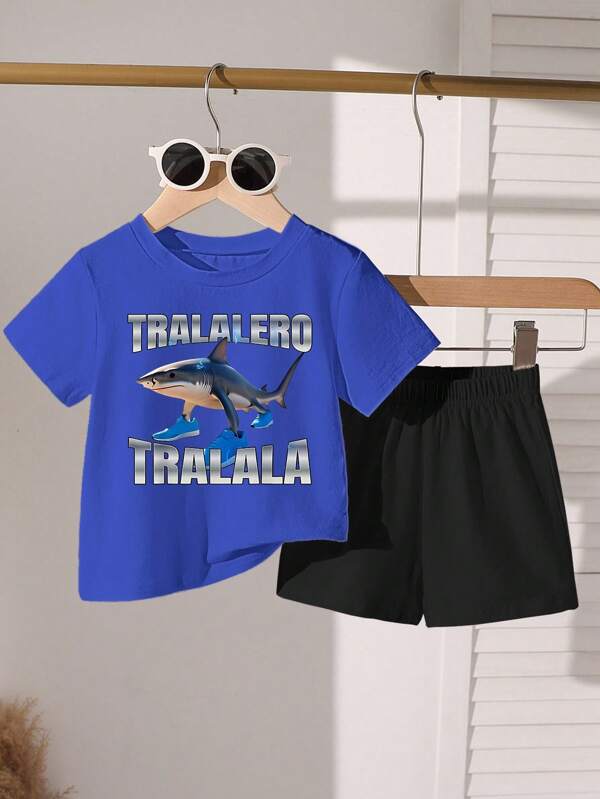 GraphicGems 2pcs/Set Boys Casual Funny Shark Print Short Sleeve T-Shirt And Shorts Set, Summer Toddler Boy Summer Set Toddler Short Sets