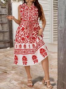 SHEIN Holidaya Women's Casual & Elegant Floral Print Lapel Sleeveless Belted Midi Dress, Street Style, Garden, Resort, Plus Size, Summer
