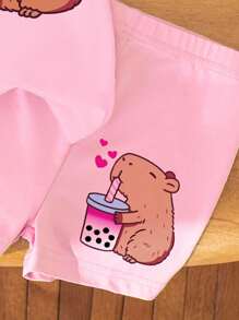 Young Girl Casual Fashion Creative Cartoon Cute Blue Bubble Tea Cup Graphic Colorblock Short Sleeve T-Shirt And Bike Shorts Set Beach Wear For Kids Beach Clothes For Kids Kid Beach Wear Kids Beach Clothes Capybara Clothes For Girls Girls Capybara Shirt Set Kids Capybara Clothes Capybara Shirt And Shorts Set Kids Beach Wear - Multicolor - View 8