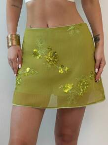 Firerie Women's Elegant Floral Embroidery Decorated Casual Sequin Mini Skirt, Suitable For Summer Vacation/Beach/Holiday, Green Color - Green - View 9