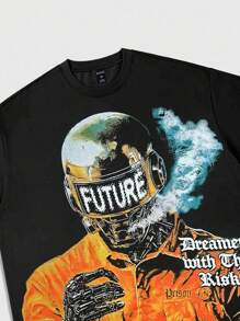 ROMWE MEN Street Life 2D Anime Graphic Character Printed Short Sleeve T-Shirt For Men,