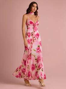 Enchnt 夏季浪漫女士粉色花卉印花 3D 玫瑰装饰荷叶边细肩带美人鱼连衣裙，配颈带，甜美优雅，适合度假、约会、节日、生日、派对、毕业典礼、婚礼嘉宾和海滩，舞会礼服，女士夏季连衣裙，女士太阳裙，夏季服装，女士夏季服装，优雅的派对连衣裙， - 粉色 - 查看 5