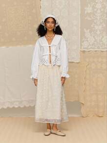 SHEIN MOD Women's White Summer Cottage Core Tea Party Elegant Hollow Embroidery Lace Tie-Up Blouse,Cotton Heart Pocket Bohemian Old Money Style Boho Top - White - View 5