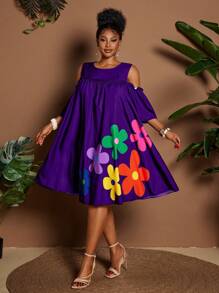 Maweii Summer Round Neck Off Shoulder Cartoon Flower Print Casual Vacation Dress - Purple - View 1
