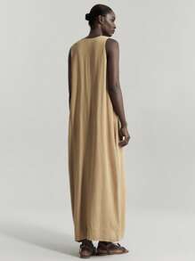 Ontre 波西米亚风格 V 领无袖长亚麻连衣裙，女式简约休闲度假连衣裙 - 卡其色 - 查看 3