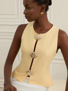 Chiquease Metal Shell Button Decor Women's Slim Fit Hollow Design Round Neck Tank Top, Elegant Look - Yellow - View 1
