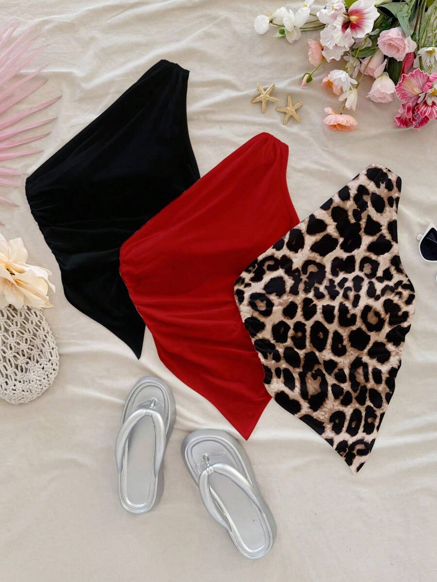 Soleia 3pcs/Pack Women Summer Vacation Leopard Print, Solid Color, Asymmetric Hem Shoulder Top, Suitable For & Beachwear Tops - Multicolor - View 1