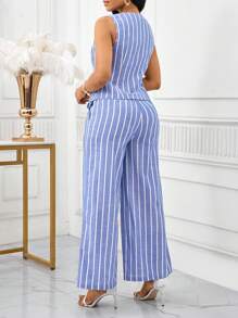 SHEIN Lady 蓝白条纹面料女士优雅无袖背心和裤子套装，商务通勤风格，夏季女式两件套女士两件套条纹两件套女士两件套夏季女式度假装套装裤装夏季套装女士休闲 - 藍白色 - 查看 3