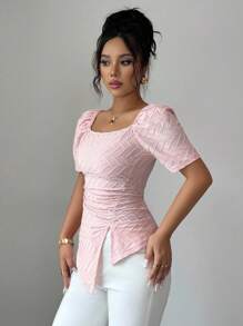 Elenzga 女士优雅方领褶皱腰短袖粉色T恤，夏季时尚 - 粉色 - 查看 5