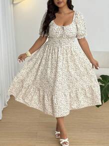 Flirla Plus Size Square Neck Puff Sleeve Cinched Waist A-Line Dress - Multicolor - View 1