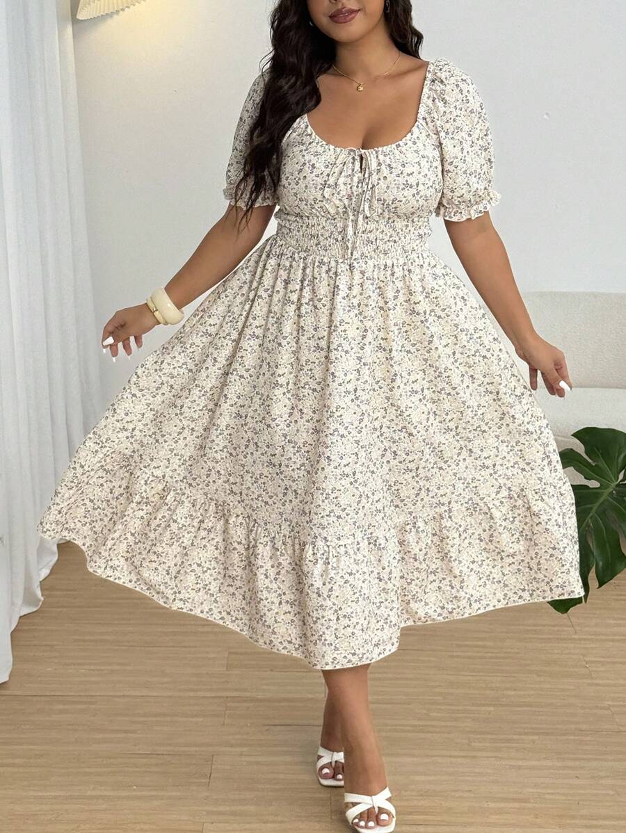 Flirla Plus Size Square Neck Puff Sleeve Cinched Waist A-Line Dress - Multicolor - View 1