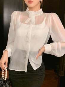 DAZY Women's Elegant Ruffle Collar Chiffon Blouse With 3D Beaded Floral Decor, Casual Business Commute Long Sleeve Shirt, Suitable For Spring, Summer, Autumn,Fall Women Clothes - White - View 3