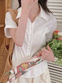 DAZY Waist Fitted Polo Shirt, Slimming Slim College Style Short Sleeve,Back To School Clothes - White - View 1