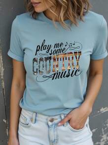 INAWLY Women's Country Music Festival Printed Shirt, Letter Printed Casual Crew Neck Short Sleeve T-Shirt Play Me Some COUNTRY Music Graphic Tees Women Tops