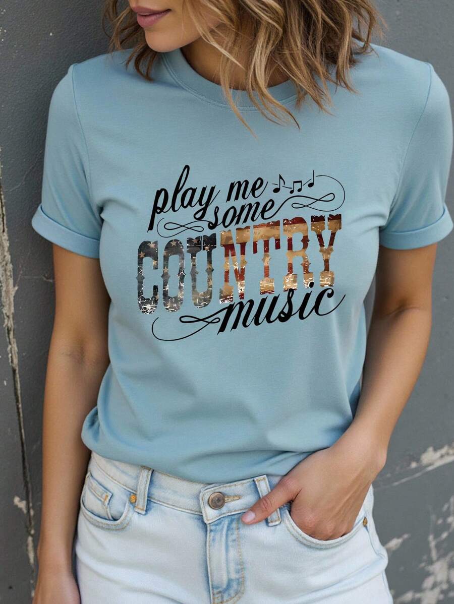 INAWLY Women's Country Music Festival Printed Shirt, Letter Printed Casual Crew Neck Short Sleeve T-Shirt Play Me Some COUNTRY Music Graphic Tees Women Tops