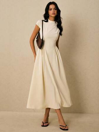 Poéselle Elegant Short Sleeve A-Line Maxi Dress – High Neck Solid Color Flowy Summer Dress For Women,A-Line Summer Dress,High Neck Maxi Dress,  Casual Long Dress, Ankle Length Dress,Fall Wedding Guest Dress