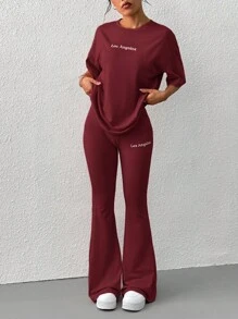 SHEIN EZwear 2pcs/Set Women Casual Loose Short Sleeve Top And Flare Pants Set - Burgundy - View 4