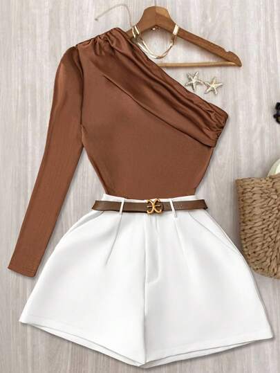 INAWLY Conjunto de 2 piezas para mujer con top asimétrico y shorts de unicolor elegante