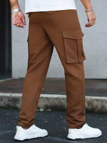 Manfinity Homme 男士休闲街头风格简约纯色抽绳腰部翻盖口袋工装裤 - 咖啡棕 - 查看 2