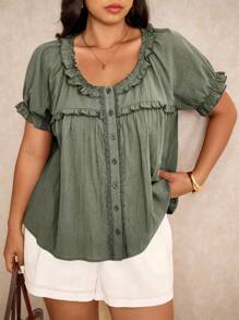 Elaquor 大码女式夏季纯色荷叶边泡泡袖衬衫 - 薄荷綠 - 查看 8