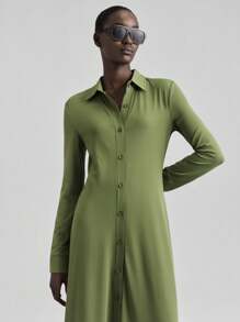 Ontre 2025秋冬女装，秋冬女装，返校季，万圣节，圣诞节，商务休闲，复古，优雅，百搭，基础款，纳什维尔服饰，休闲，纯色，单排扣纽扣长裙 - 軍綠色 - 查看 6