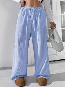 Tween Girls Loose Casual Simple Comfy Mid-Waist Button Decor Wide Leg Pants, Versatile - Royal Blue - View 5
