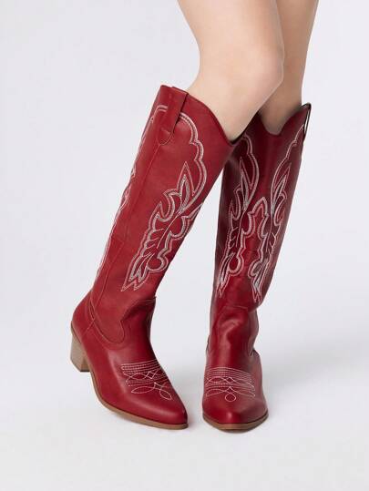 Fairycore Women's Slip-On Western Style Embroidered Boots, Wine Red Leather Upper, Fashion Knee-High Boots, Spring/Autumn New Arrival