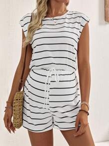 SHEIN Mono informal de maternidad de cuello redondo a rayas con cordón en la cintura