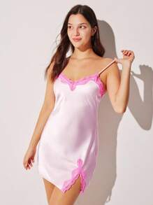 LUVLETTE Sexy zijdezacht satijn, luxe kanten rand, V-hals, bandjes, camisole, loungewear, slipjurk, luchtig nachthemd, lingerie