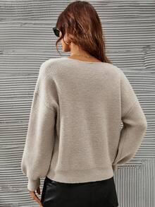 SHEIN Frenchy V 领落肩毛衣，女士深秋休闲罗纹针织长袖常规版型卡其色落肩套头衫女式毛衣，长袖上衣